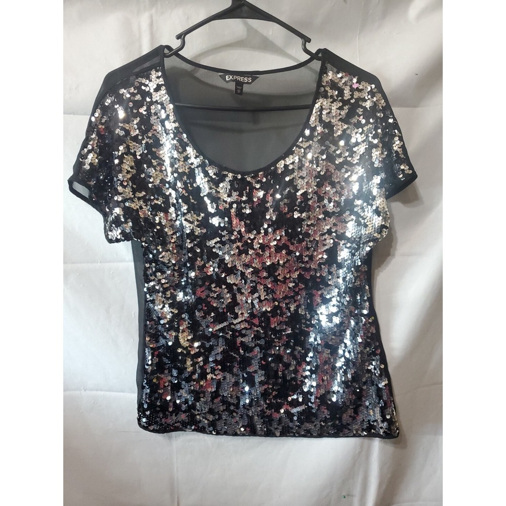 Express Sleeveless Sequin Scoop Neck Top Sz XS Short-Sleeve Net Sheer
